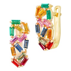 Rainbow Multistone Rose Yellow Sapphire Ruby Emerald Gold Lever-Back Earrings