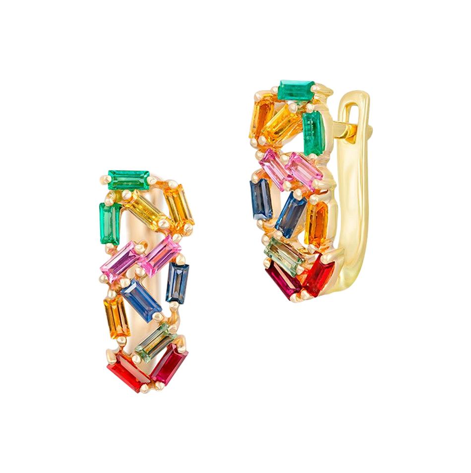 Boucles d'oreilles à levier en or avec multi-pierres arc-en-ciel, saphirs jaunes roses, rubis et émeraudes