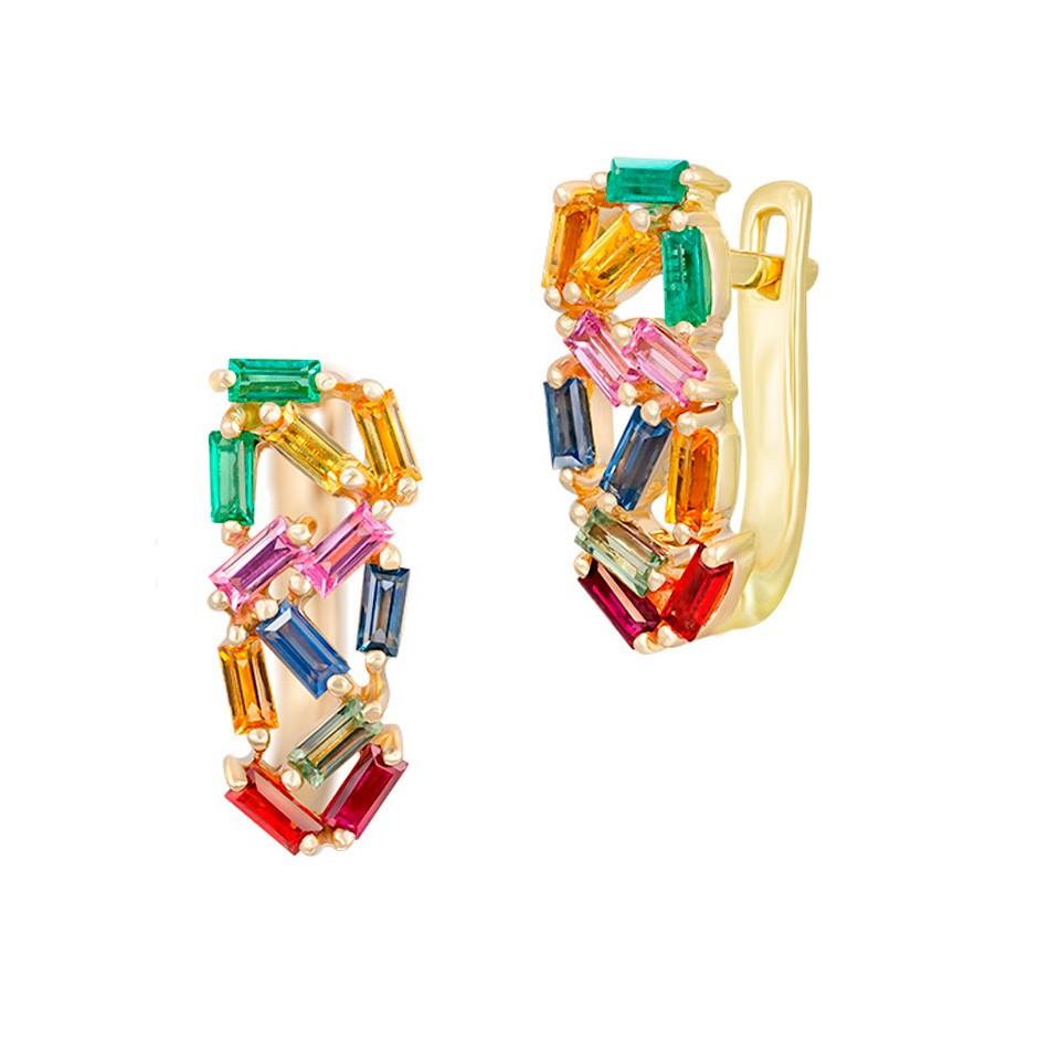 Rainbow Multistone Rose Yellow Sapphire Ruby Emerald Gold Lever-Back Earrings