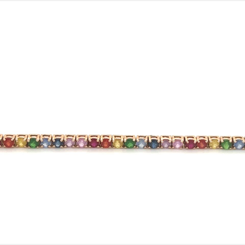 Taille ronde Bracelet tennis en or rose 14 carats avec saphirs naturels arc-en-ciel et pierres précieuses
