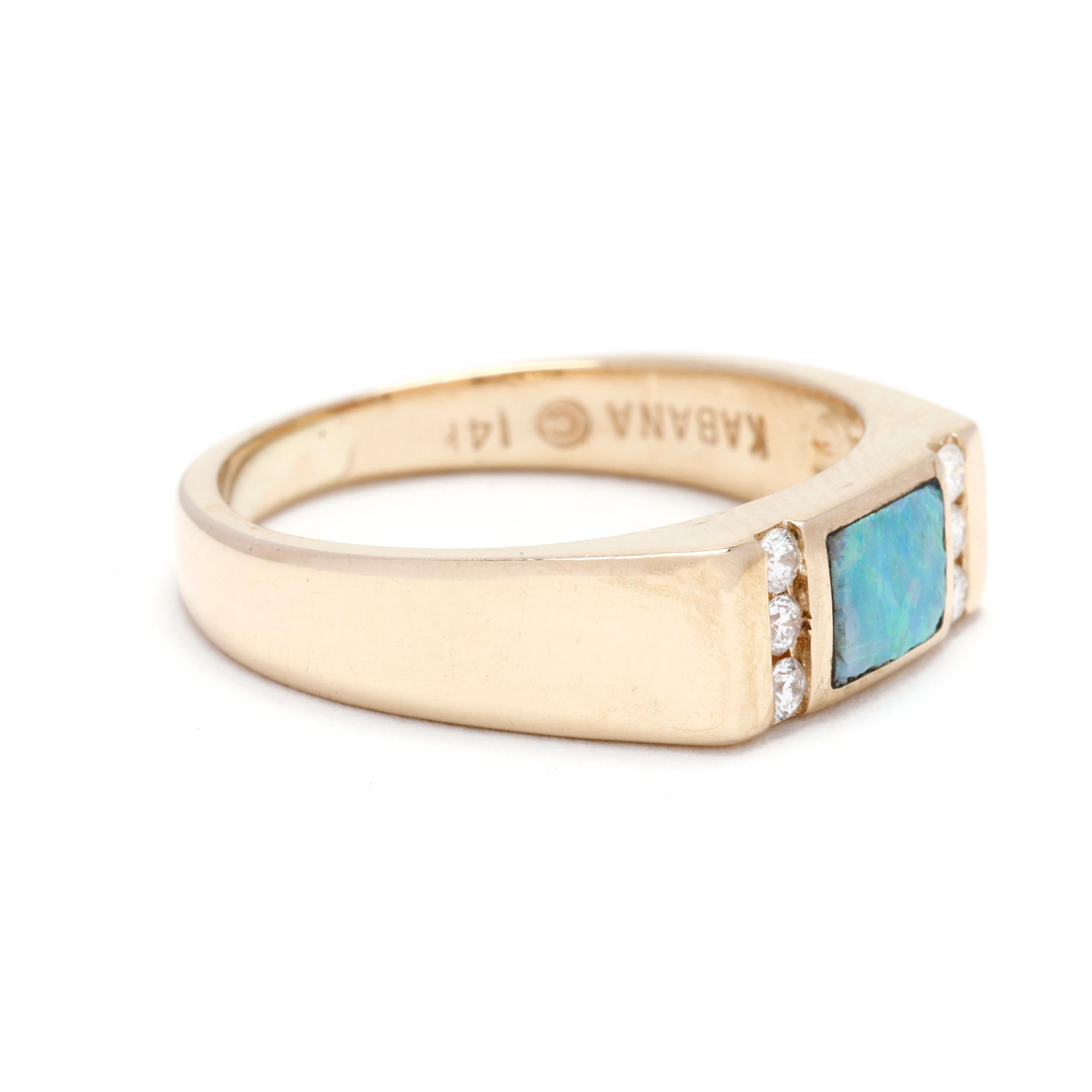 Embrace the enchanting beauty of this Rainbow Opal and Diamond Rectangular Band Ring. Expertly crafted in lustrous 14k yellow gold, this stunning ring features a mesmerizing rectangular opal centerpiece adorned with sparkling diamonds, showcasing a
