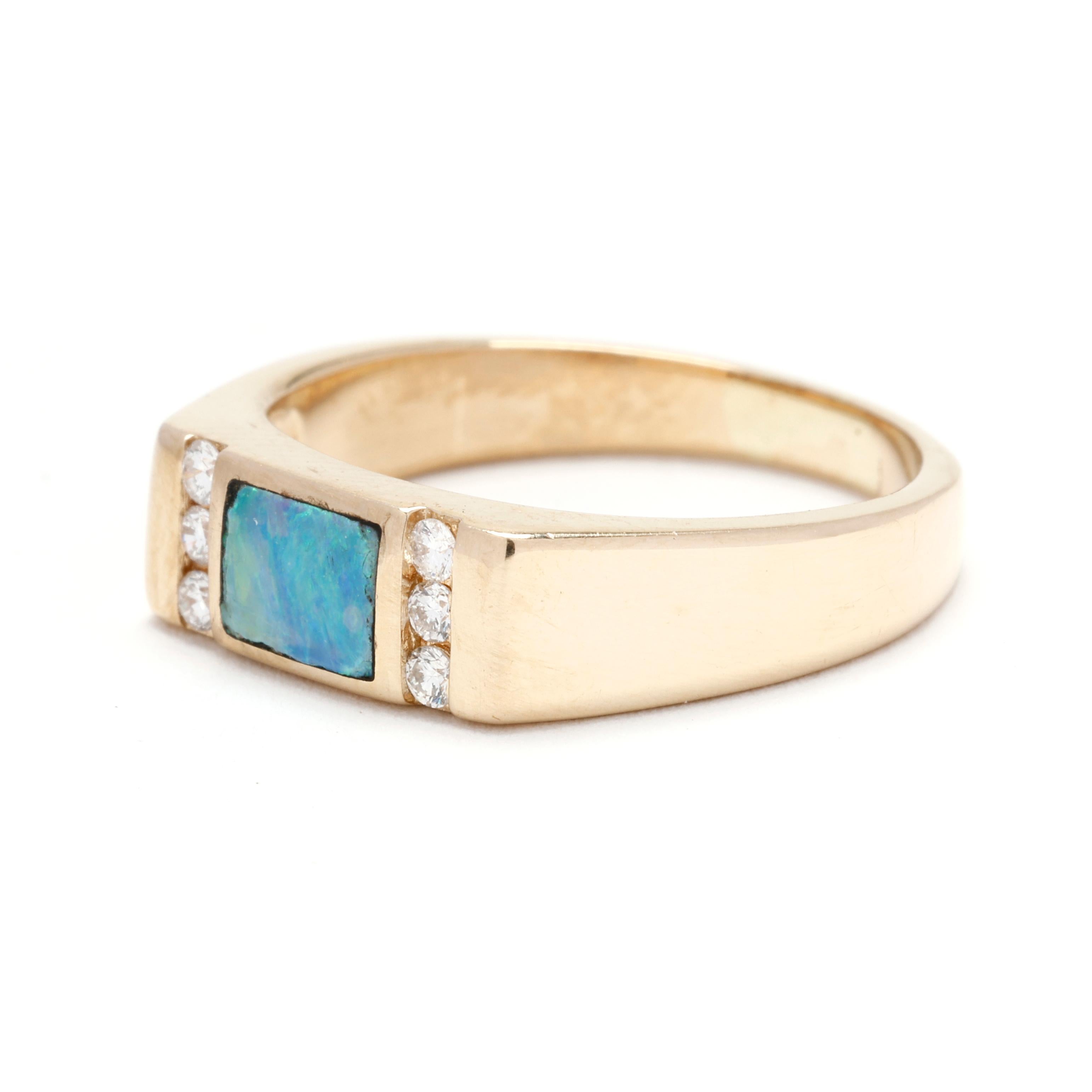 Rainbow Opal and Diamond Rectangular Band Ring, 14k Yellow Gold, Ring Size 6.75 In Good Condition For Sale In McLeansville, NC