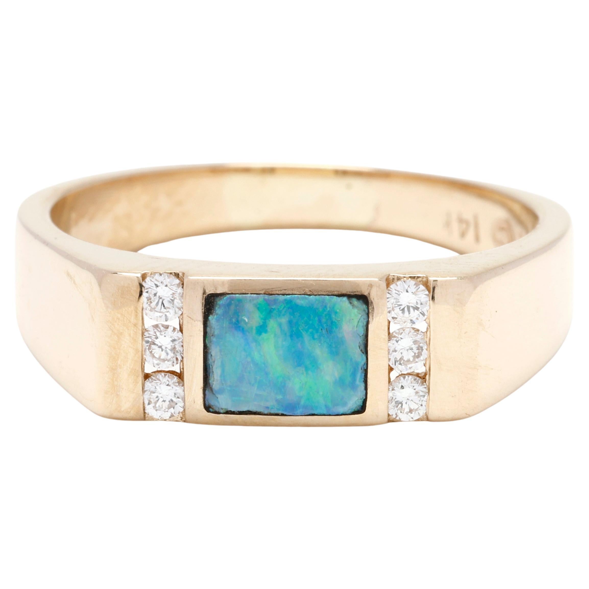 Rainbow Opal and Diamond Rectangular Band Ring, 14k Yellow Gold, Ring Size 6.75 For Sale