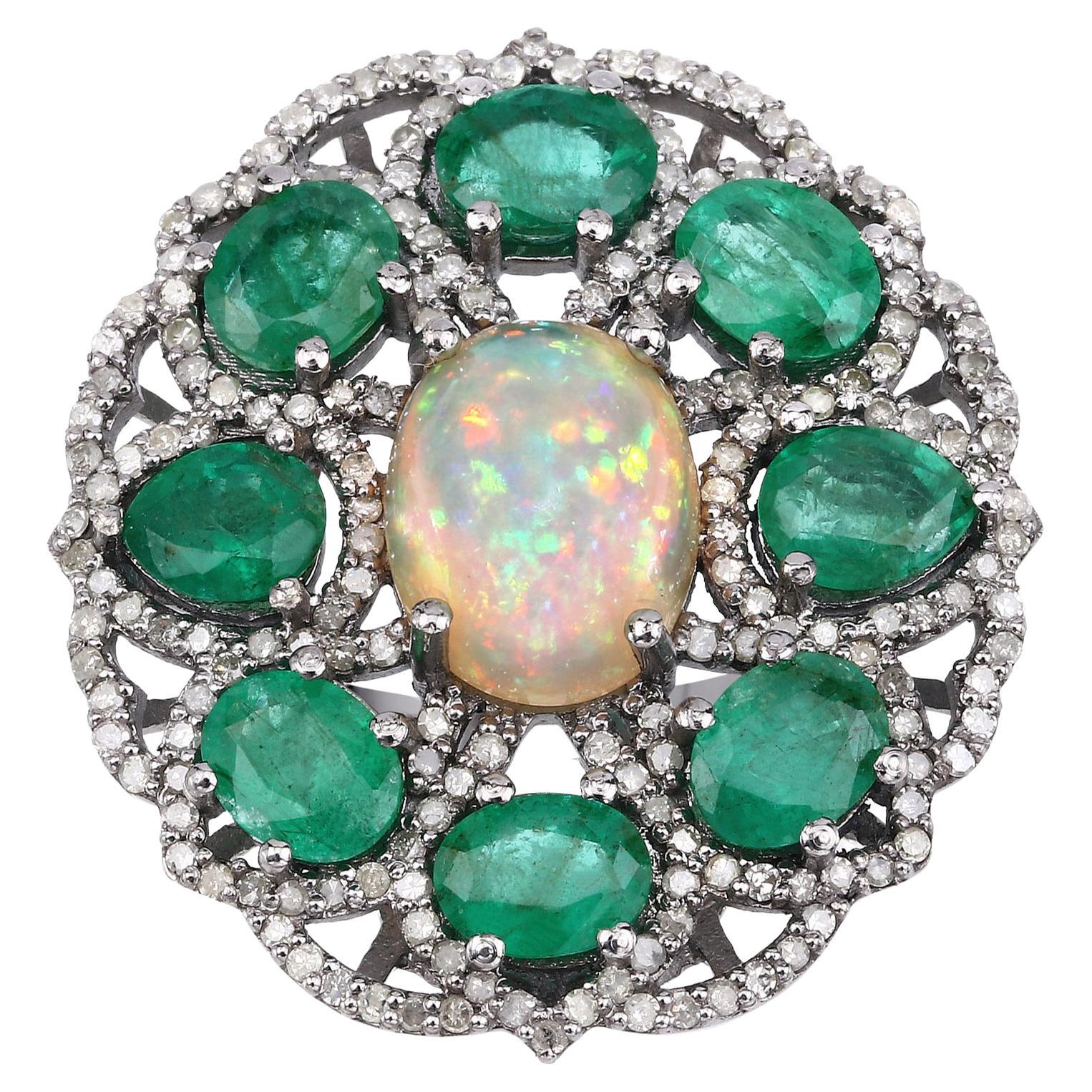 Rainbow Opal Natural Emerald & Diamonds Statement Ring Rhodium Over Silver