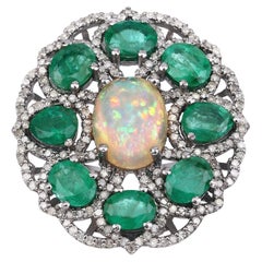 Rainbow Opal Natural Emerald & Diamonds Statement Ring Rhodium Over Silver