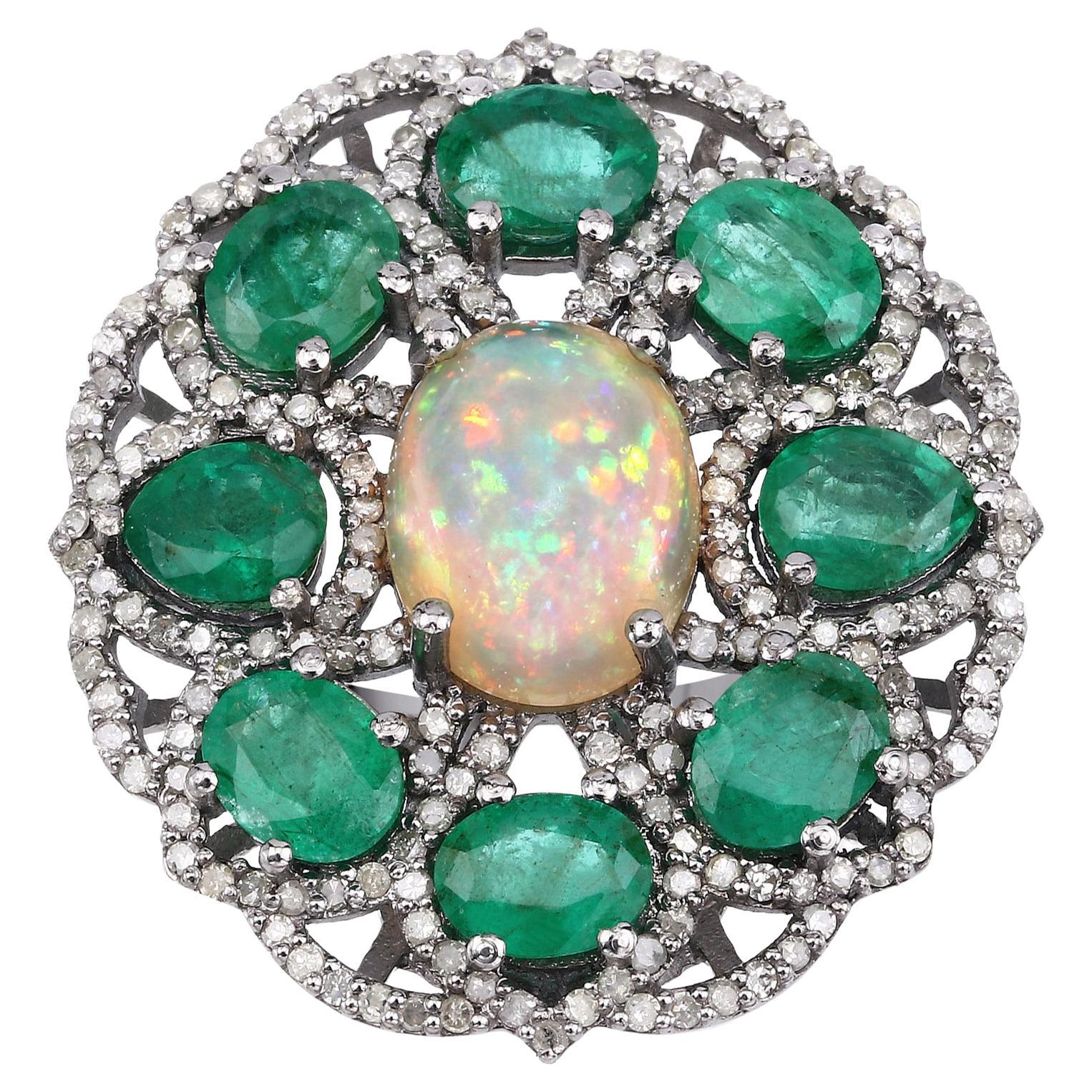 Rainbow Opal Natural Emerald & Diamonds Statement Ring Rhodium over Silver