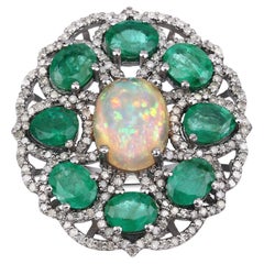 Rainbow Opal Natural Emerald & Diamonds Statement Ring Rhodium over Silver