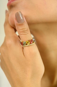 Rainbow Oval Cut Multi-Sapphire & Diamond Band Ring with 14k Solid Yellow Gold