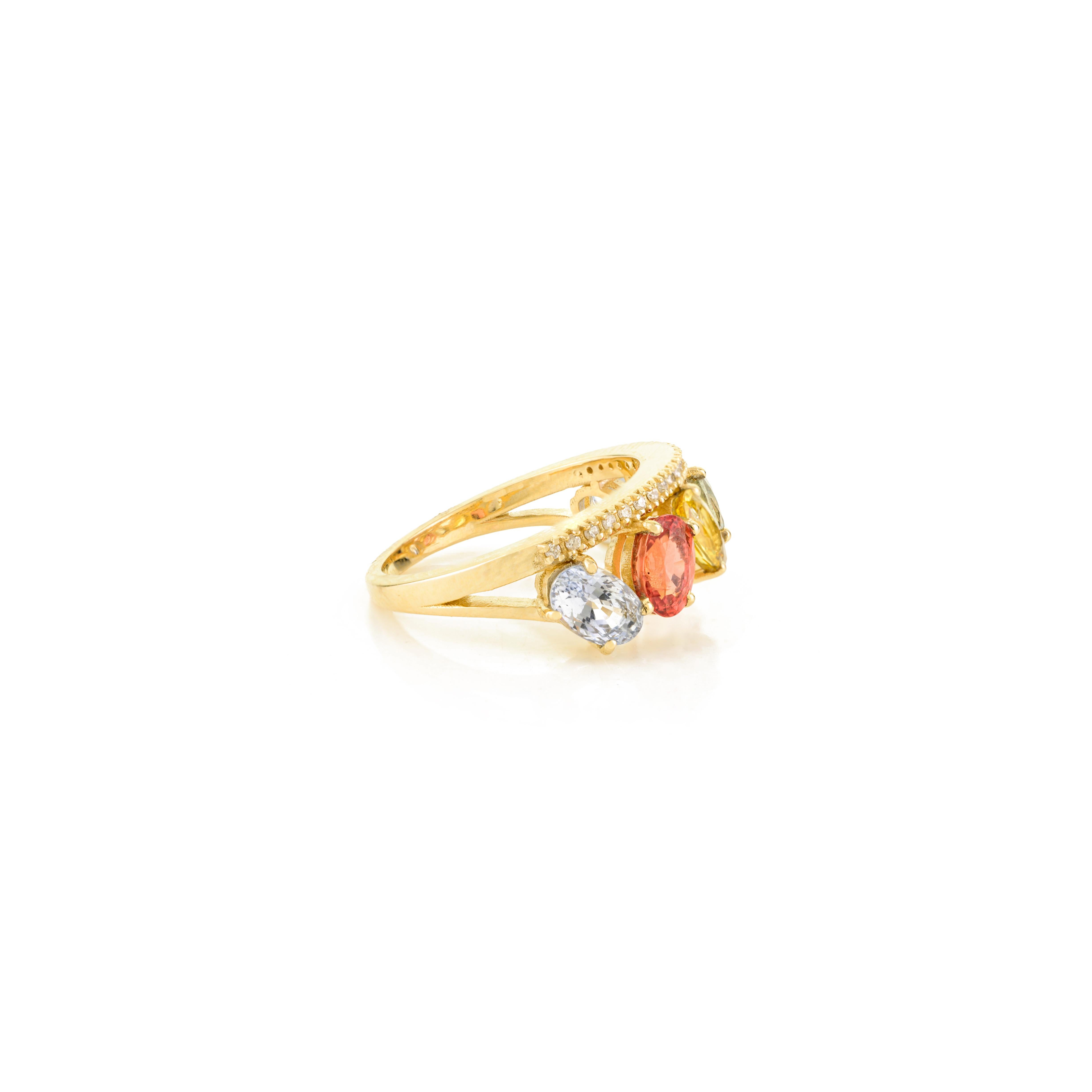 En vente :  Rainbow Oval Cut Multi-Sapphire & Diamond Band Ring with 14k Solid Yellow Gold 5