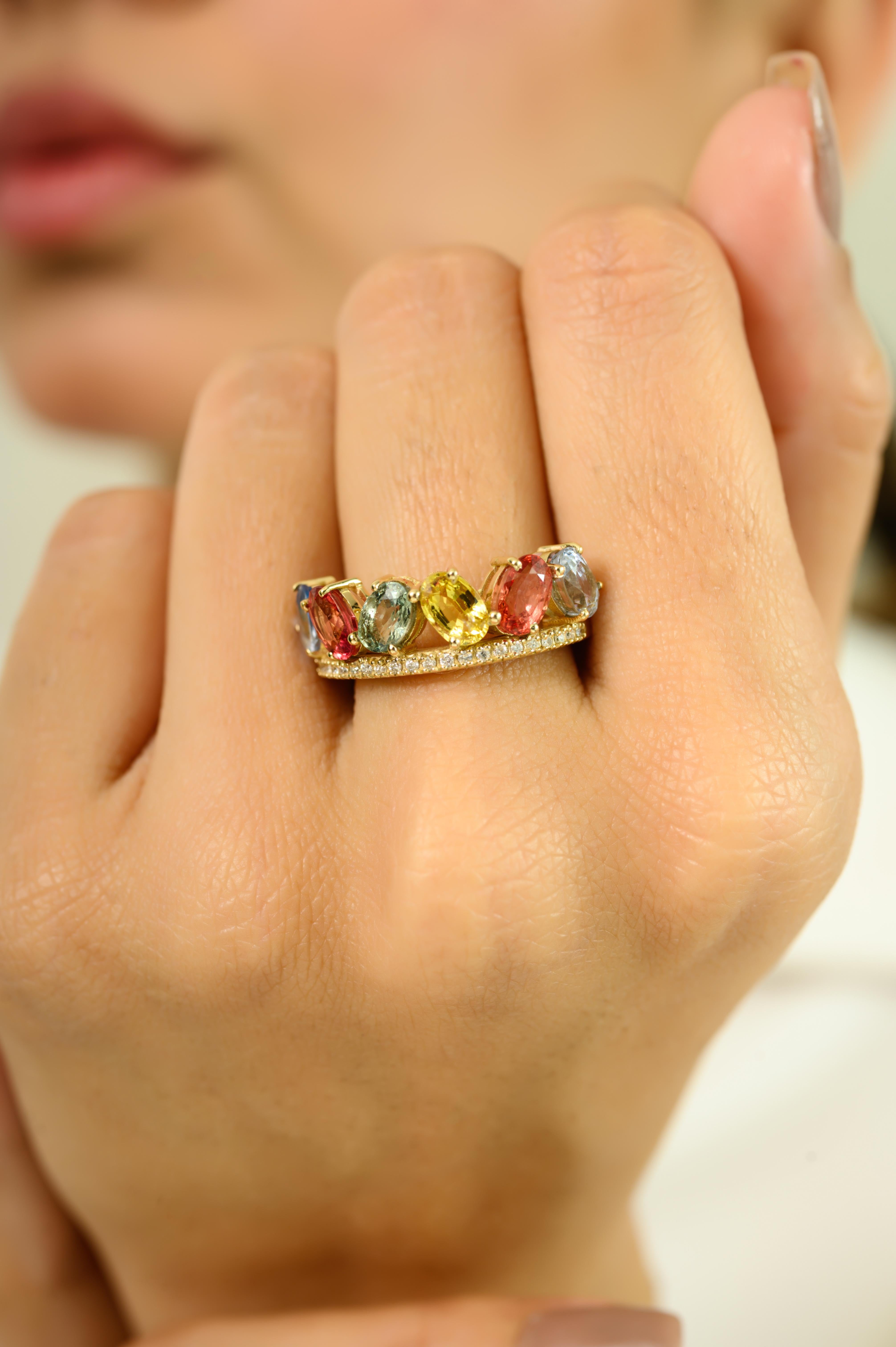 En vente :  Rainbow Oval Cut Multi-Sapphire & Diamond Band Ring with 14k Solid Yellow Gold 6