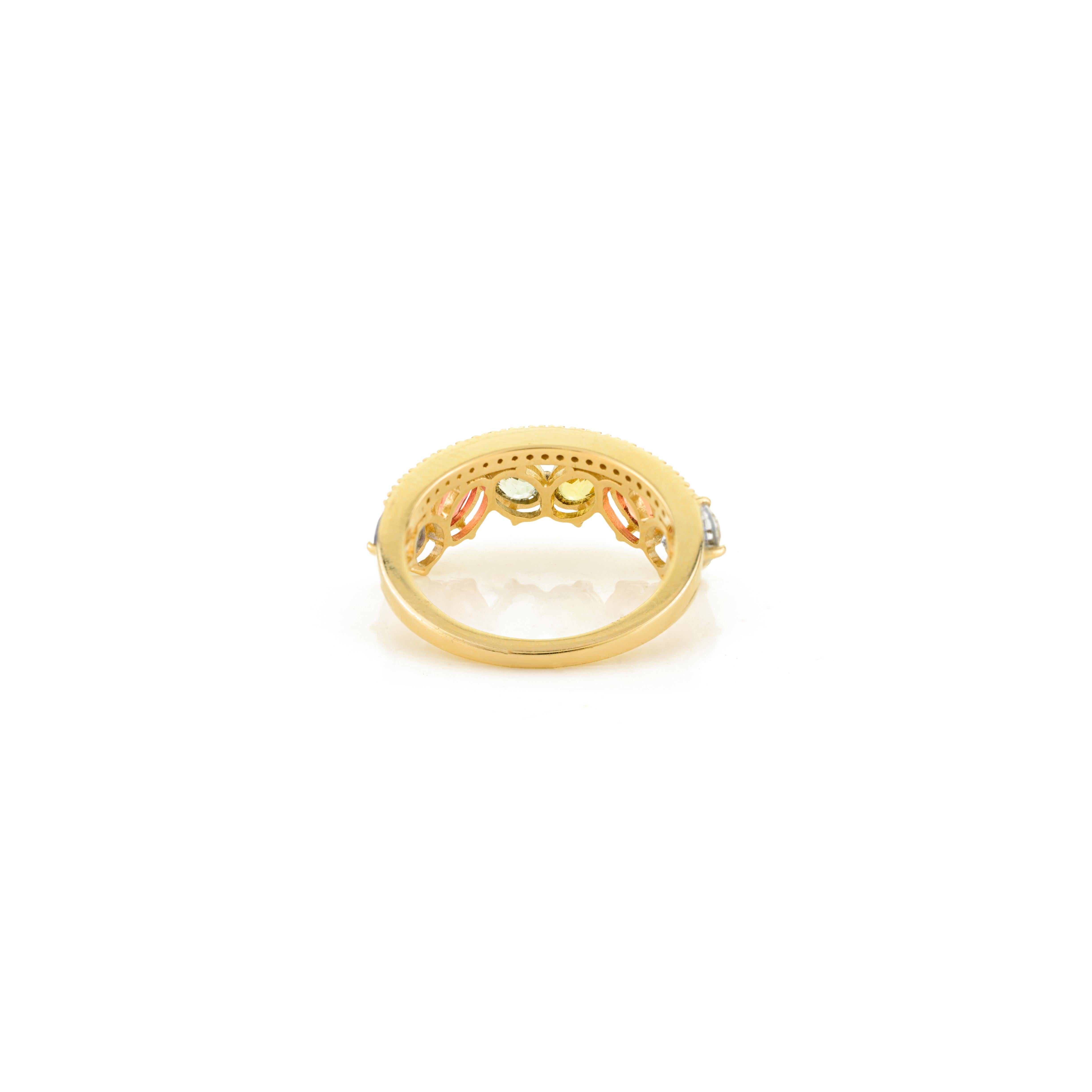 En vente :  Rainbow Oval Cut Multi-Sapphire & Diamond Band Ring with 14k Solid Yellow Gold 9