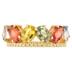 Rainbow Oval Cut Multi-Sapphire & Diamond Band Ring with 14k Solid Yellow Gold