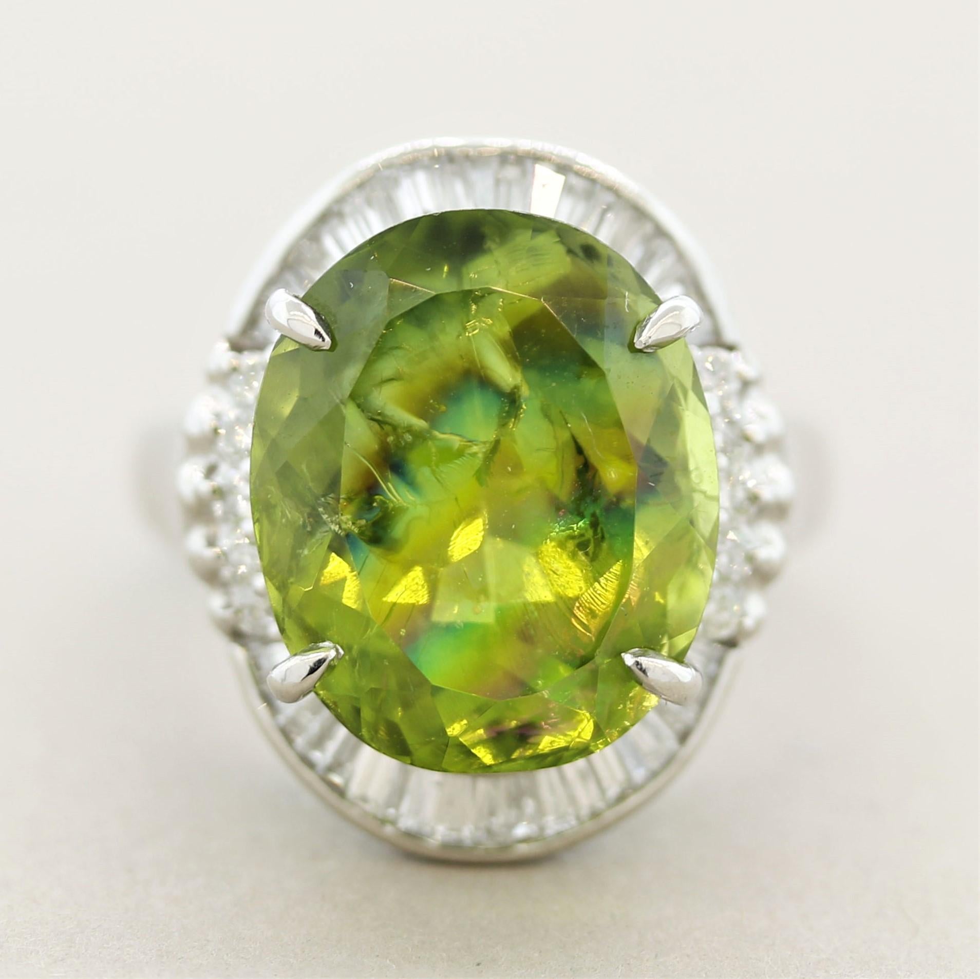 A rainbow peridot! The peridot weighs 11.48 carats and has a thin film inclusion that runs horizontally across the stone which shows the color spectra, every color in the rainbow! A super unique inclusion perfectly placed that increases the beauty