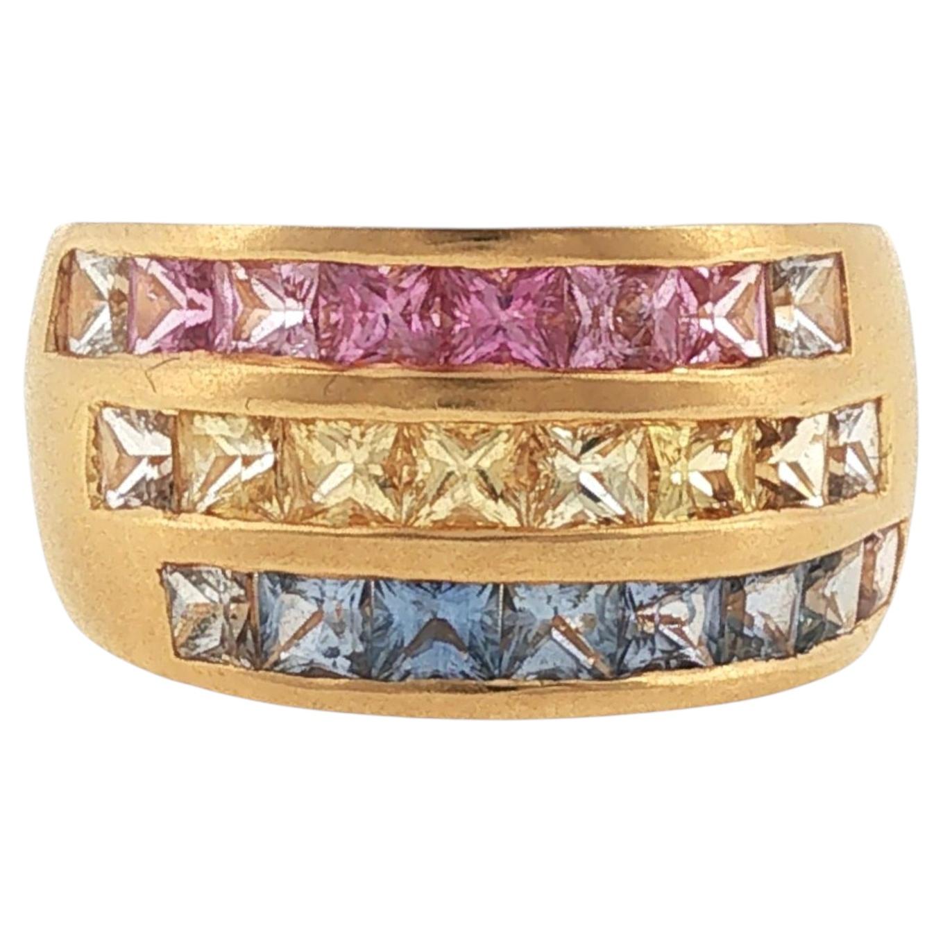 Rainbow Pink Yellow Blue Sapphire Three Row 18 Karat Yellow Gold Band Ring