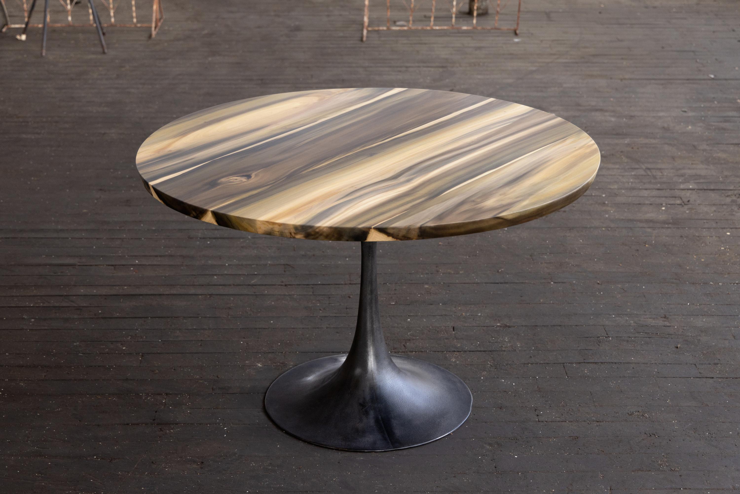 Mid-Century Modern Rainbow Poplar Round Pedestal Base Dining Table Cast Iron Amicalola Base For Sale