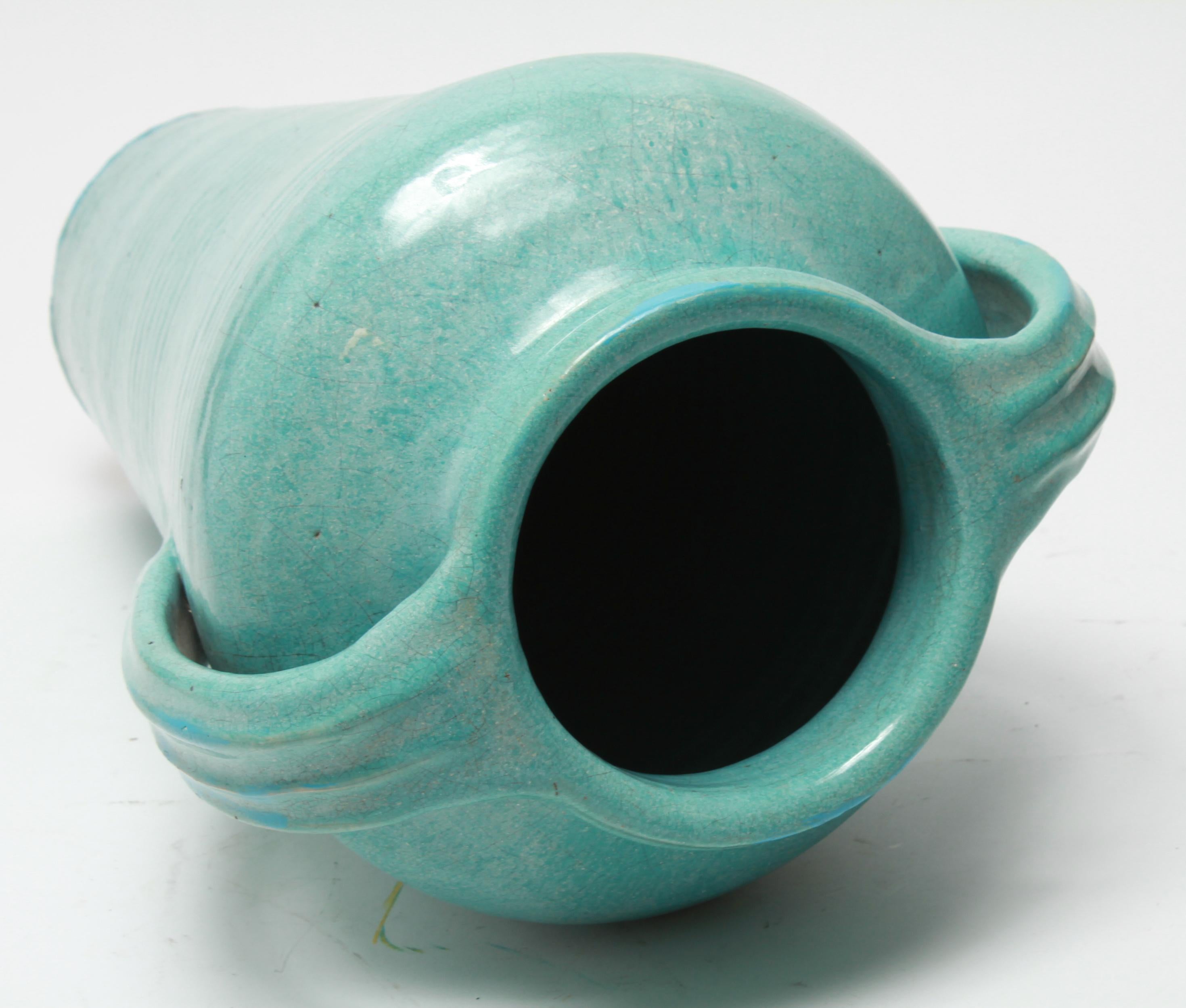 American Rainbow Pottery Mid-Century Modern Turquoise Vase with Double Handles