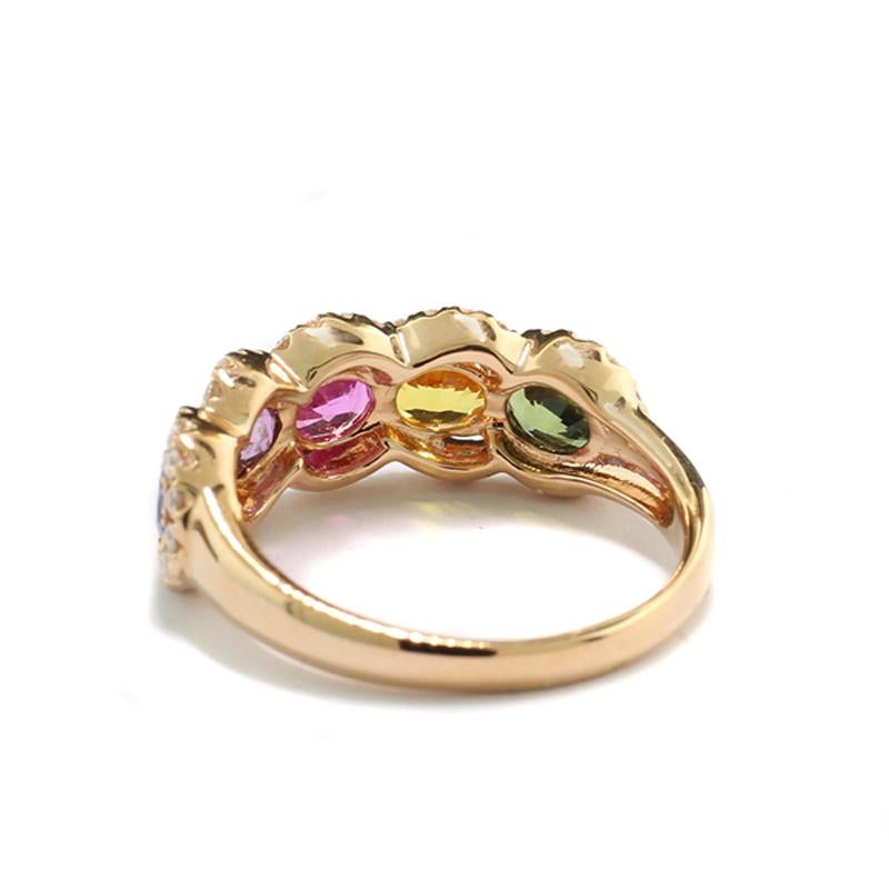 Contemporary Rainbow Ring Sapphires shining multiple colors white Diamonds 750 Rose Gold  For Sale