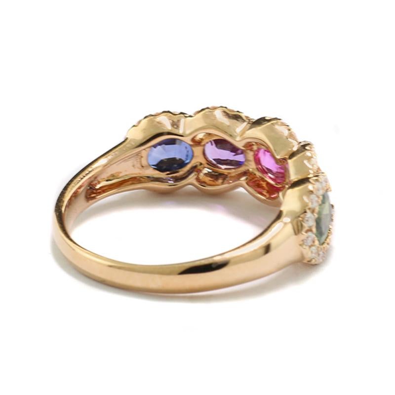 Oval Cut Rainbow Ring Sapphires shining multiple colors white Diamonds 750 Rose Gold  For Sale