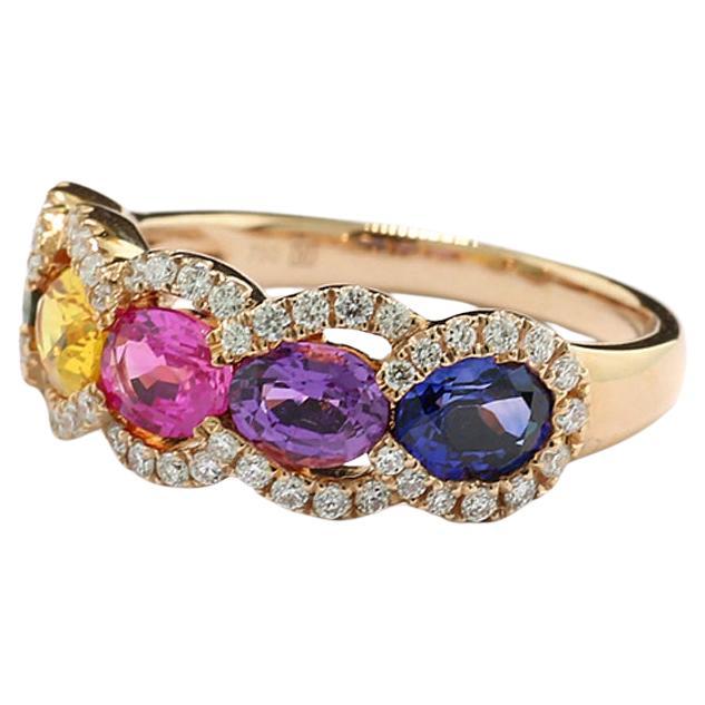 Rainbow Ring Sapphires shining multiple colors white Diamonds 750 Rose Gold  For Sale