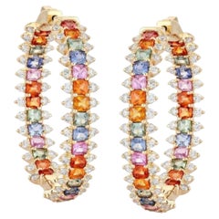 Pendientes de aro de oro amarillo de 14 quilates con zafiro arcoíris de 7,10 ct y diamantes de 2,21 ct