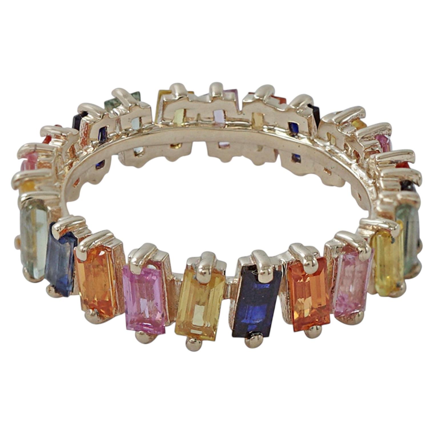 Regenbogen-Saphir-Eternity-Ring aus 14-karätigem Gelbgold, edler Schmuck, US-Größe 7