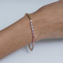 Bracelet tennis en saphir arc-en-ciel et or jaune 14 carats, bijou unisexe, 7", fermoir à boîtier