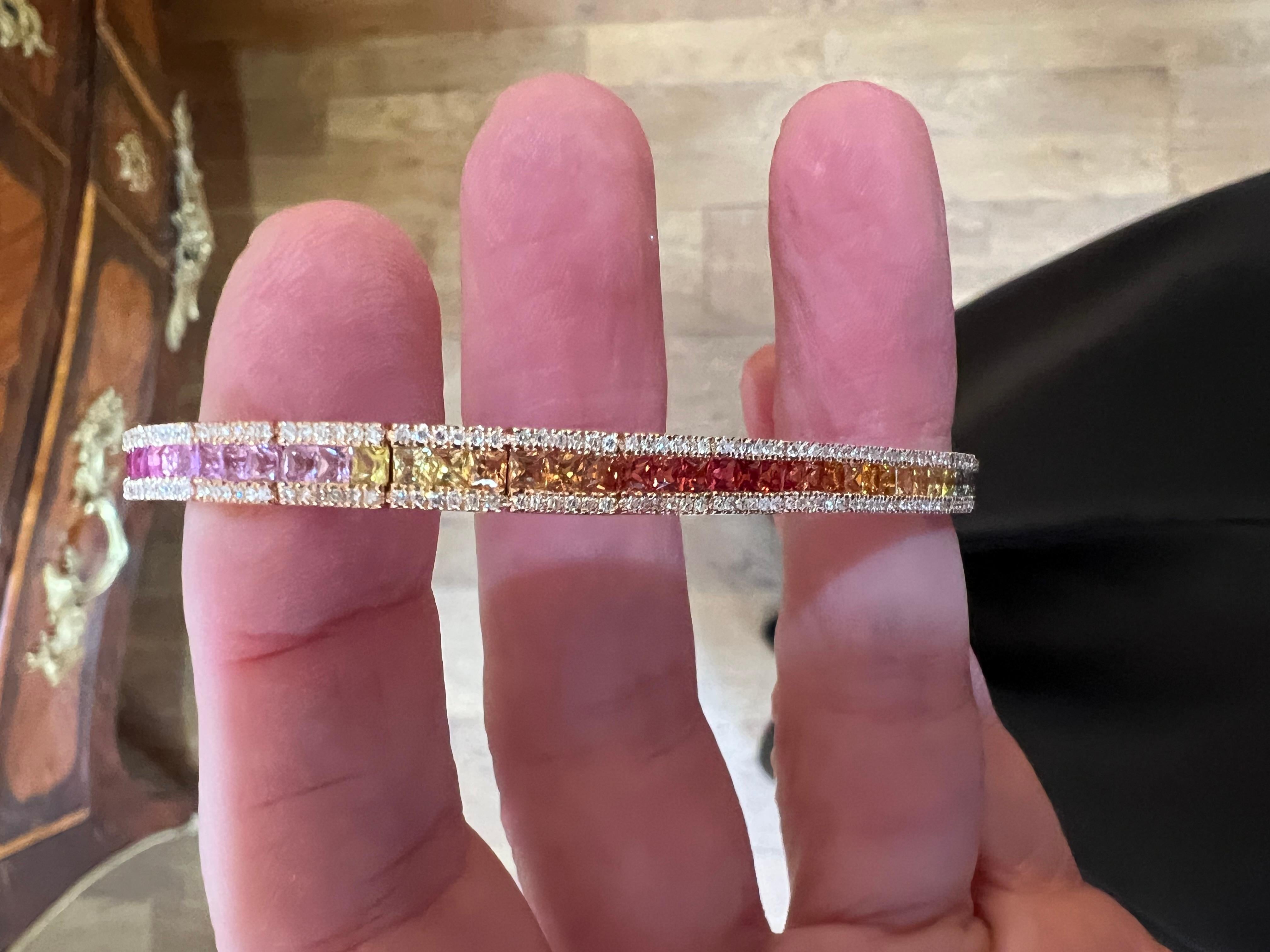 Contemporary 5.70 Carats Rainbow Sapphire & Diamonds 18 Carat Rose Gold Tennis Bracelet For Sale