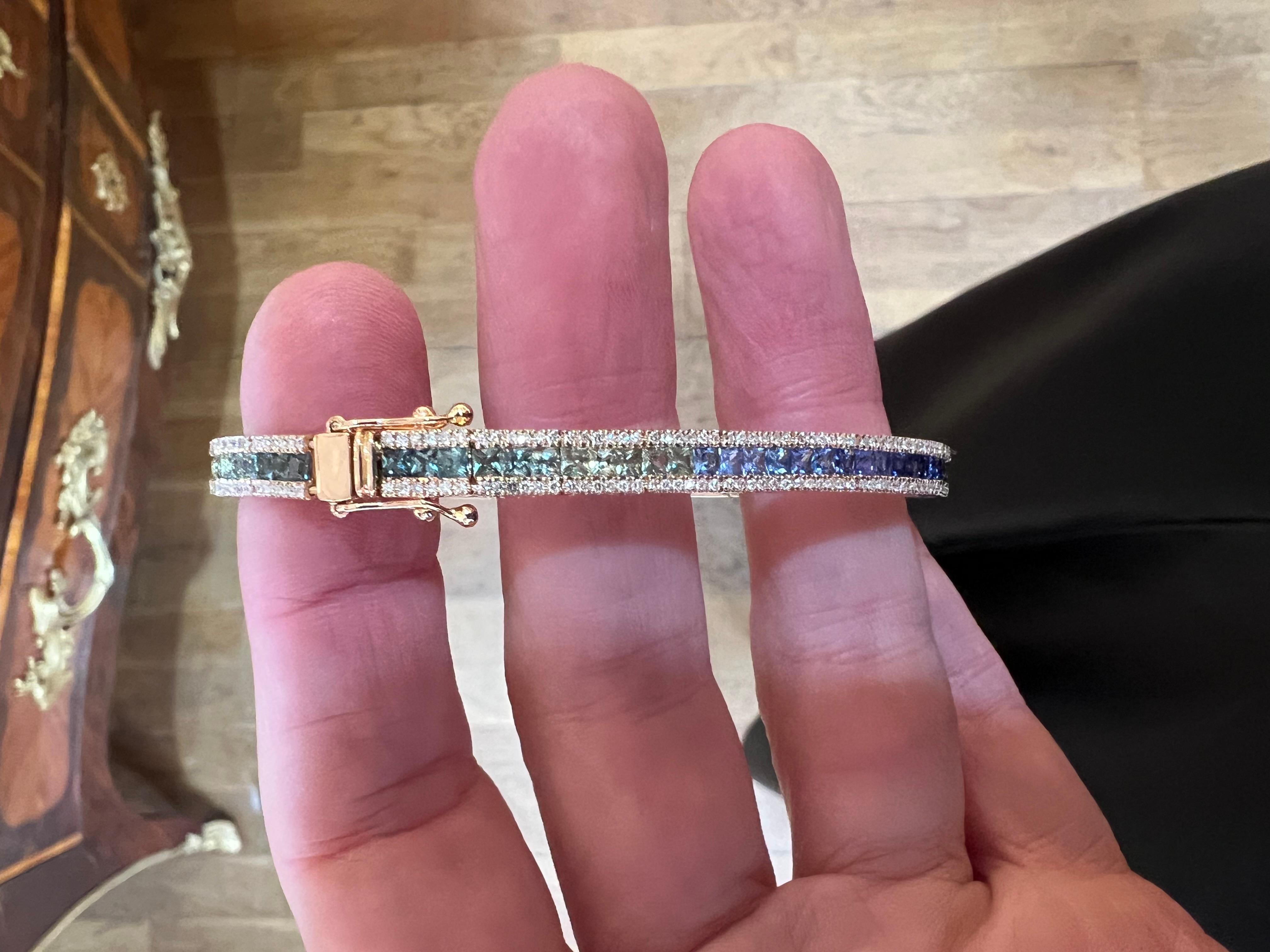 Princess Cut 5.70 Carats Rainbow Sapphire & Diamonds 18 Carat Rose Gold Tennis Bracelet For Sale