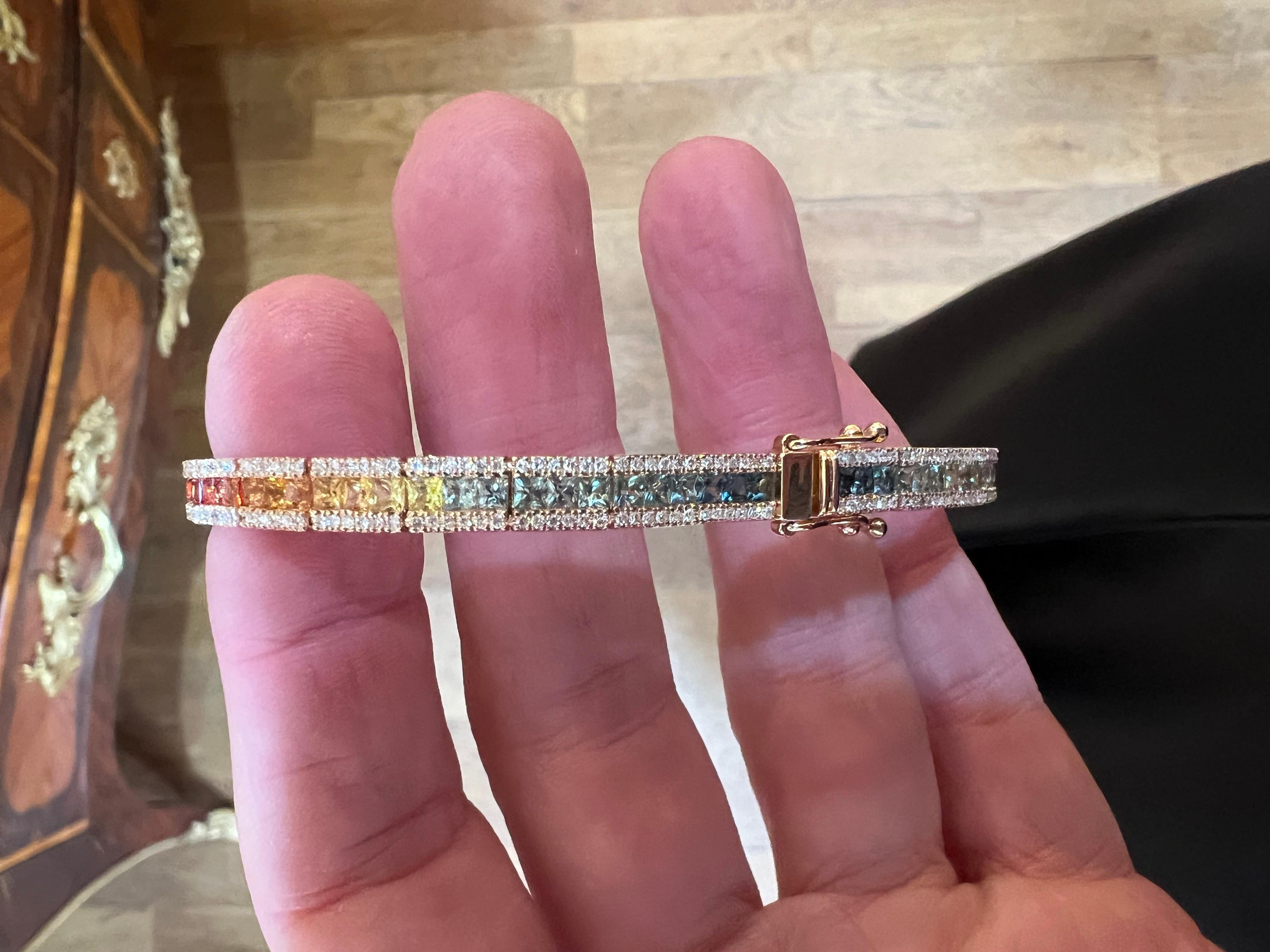 5.70 Carats Rainbow Sapphire & Diamonds 18 Carat Rose Gold Tennis Bracelet In New Condition For Sale In Paris, FR