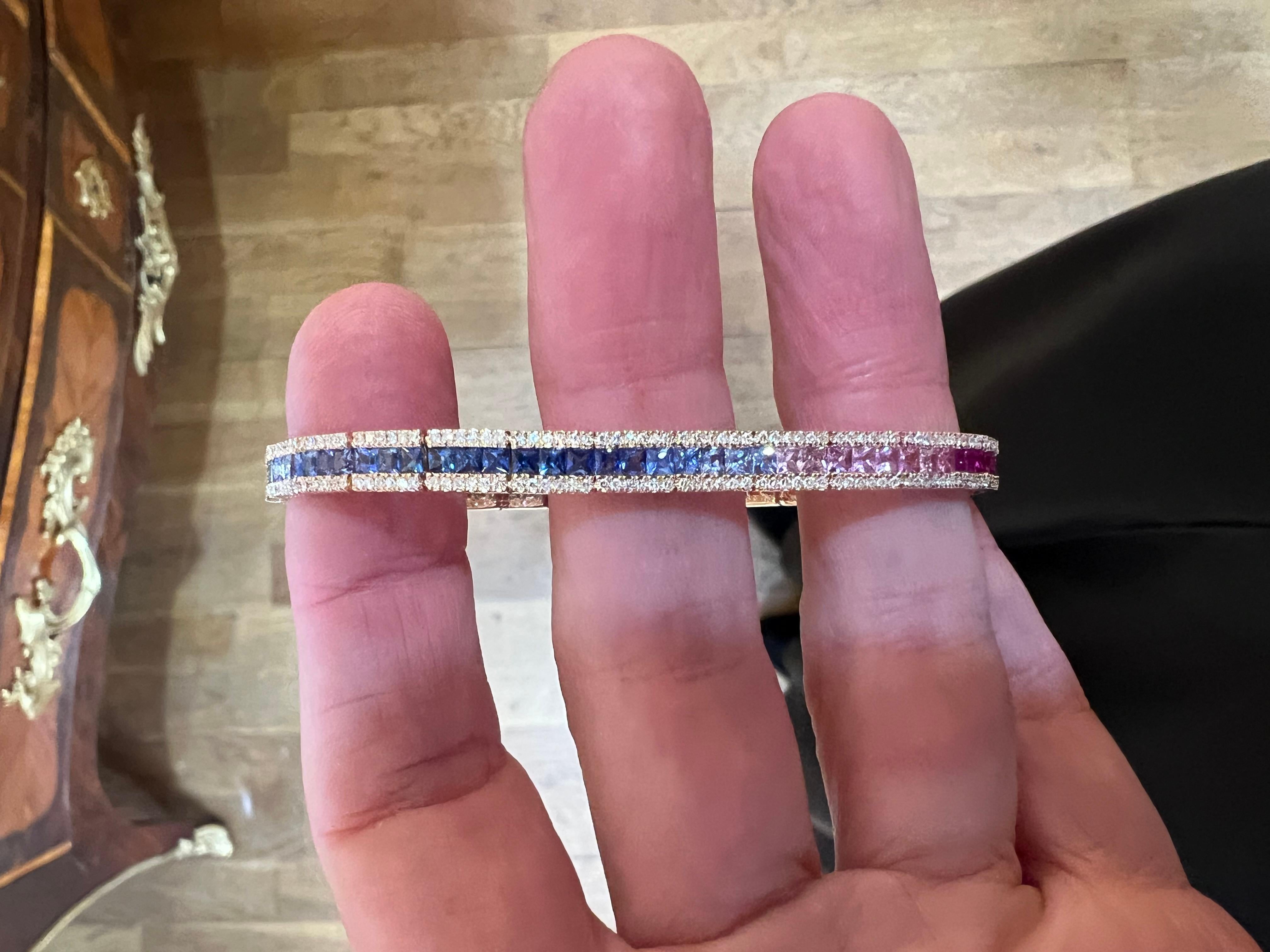 Women's 5.70 Carats Rainbow Sapphire & Diamonds 18 Carat Rose Gold Tennis Bracelet For Sale