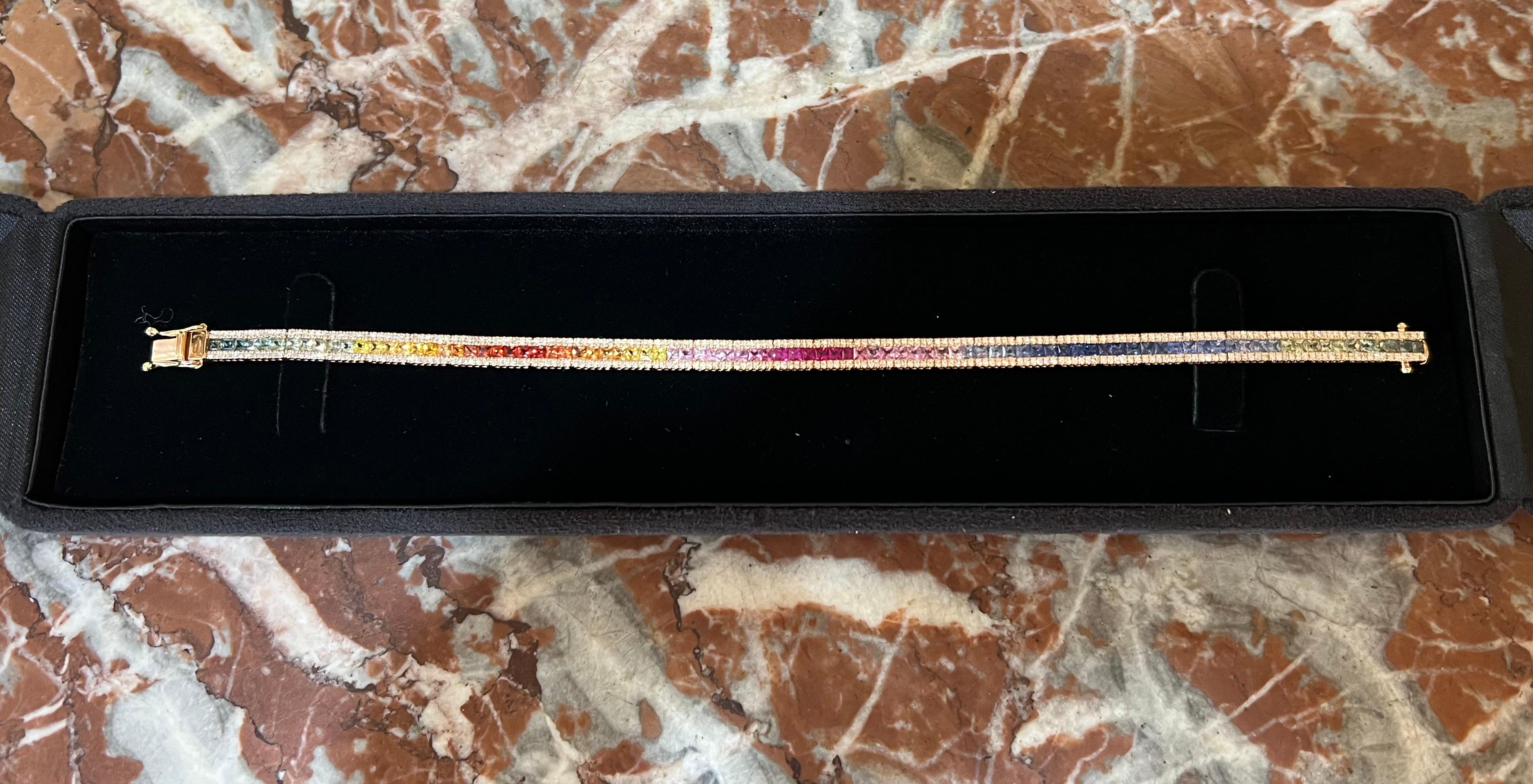 5.70 Carats Rainbow Sapphire & Diamonds 18 Carat Rose Gold Tennis Bracelet For Sale 1