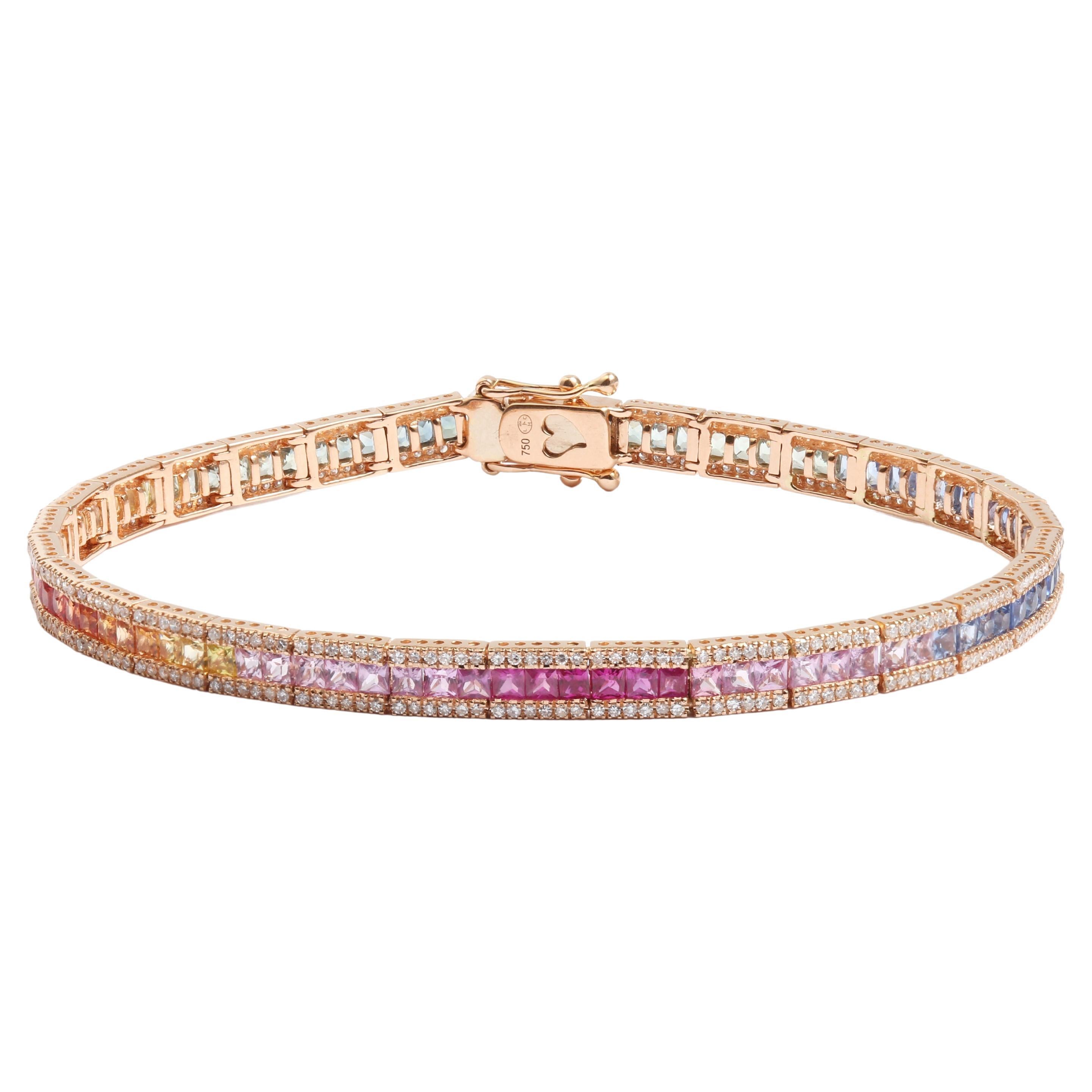5.70 Carats Rainbow Sapphire & Diamonds 18 Carat Rose Gold Tennis Bracelet For Sale