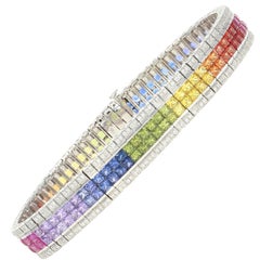 Rainbow Sapphire and Diamond Bracelet 18k Gold Princess Brilliant 17.80 Carat