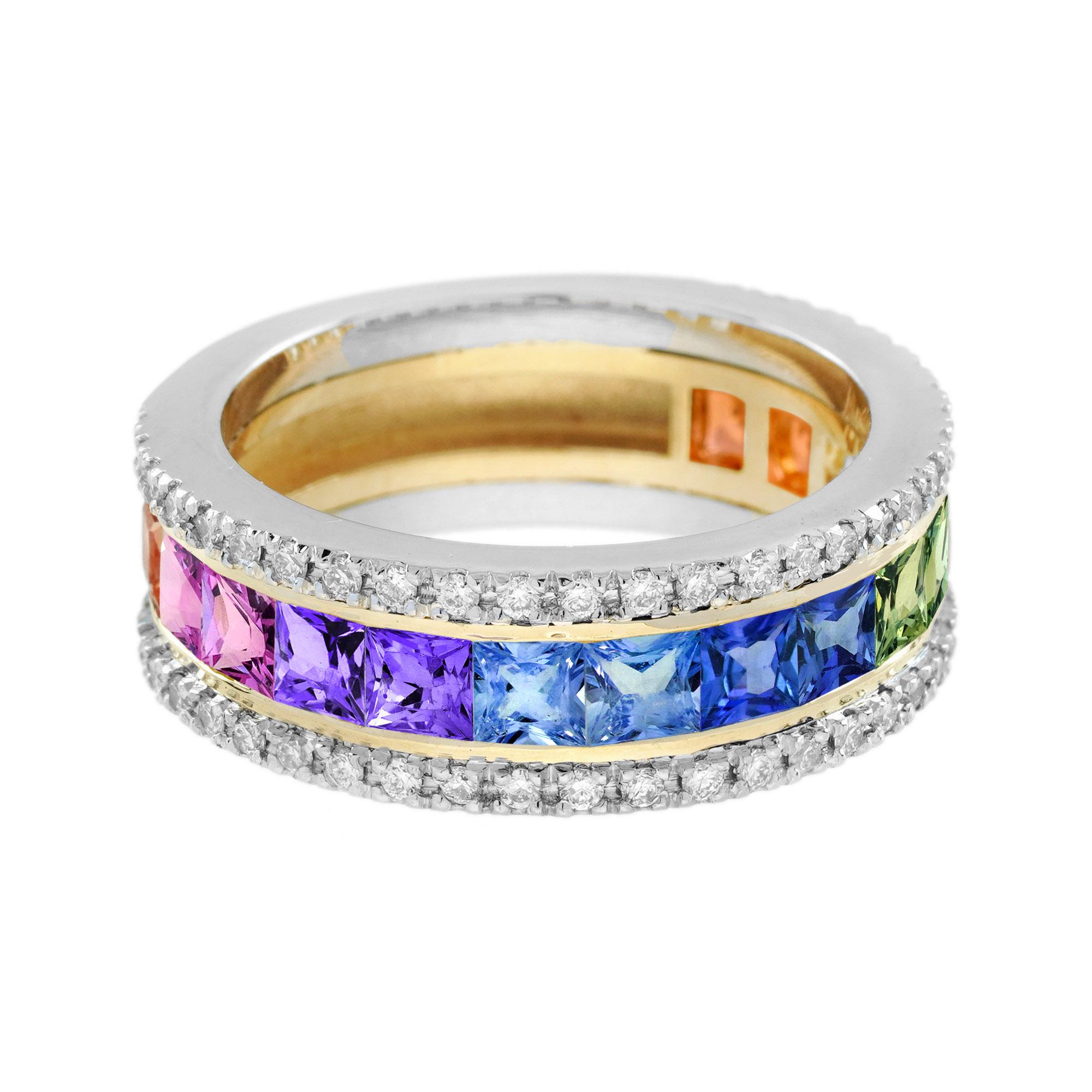 Art Deco Rainbow Sapphire and Diamond Classic Half Eternity Band Ring in 18K White Gold For Sale