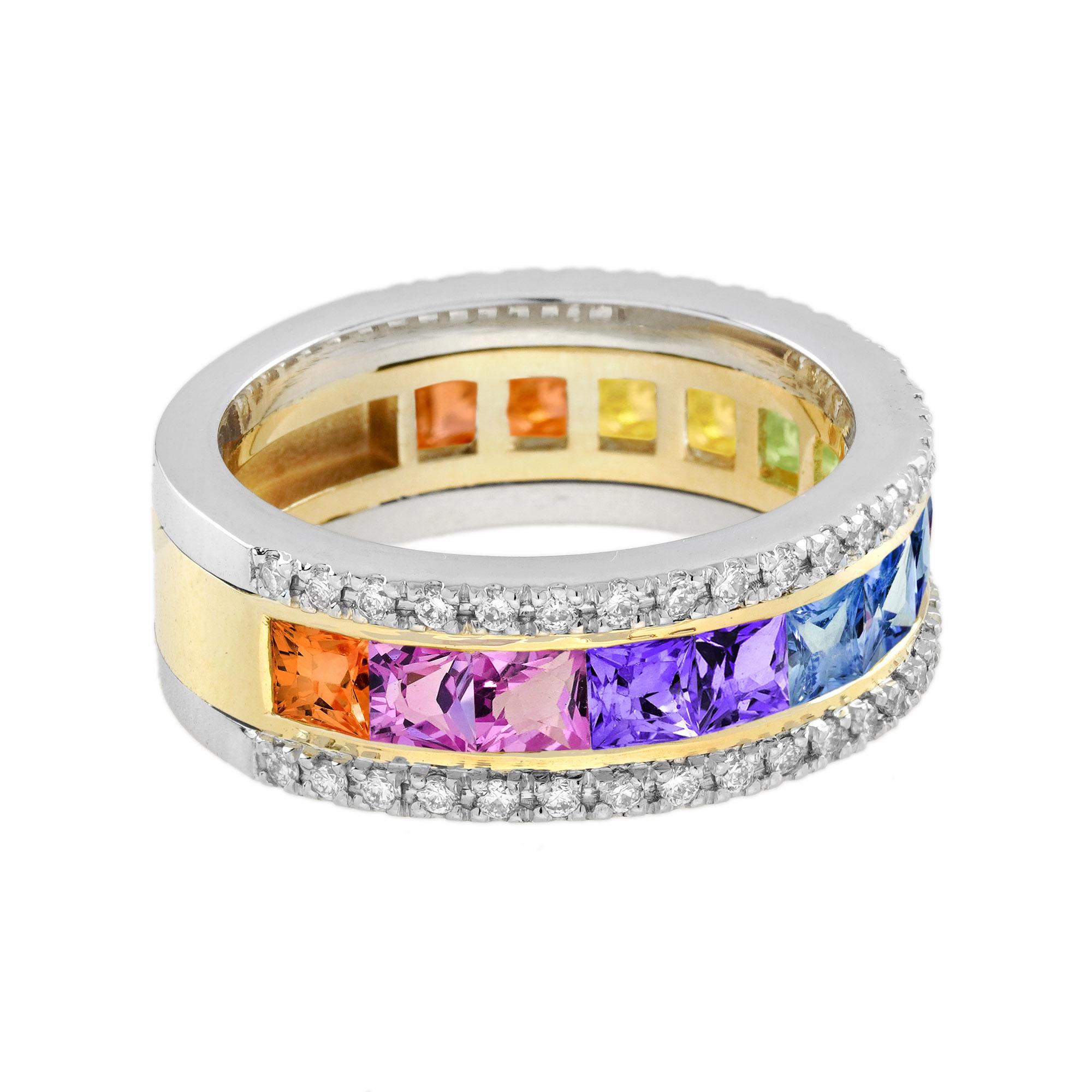 Square Cut Rainbow Sapphire and Diamond Classic Half Eternity Band Ring in 18K White Gold For Sale