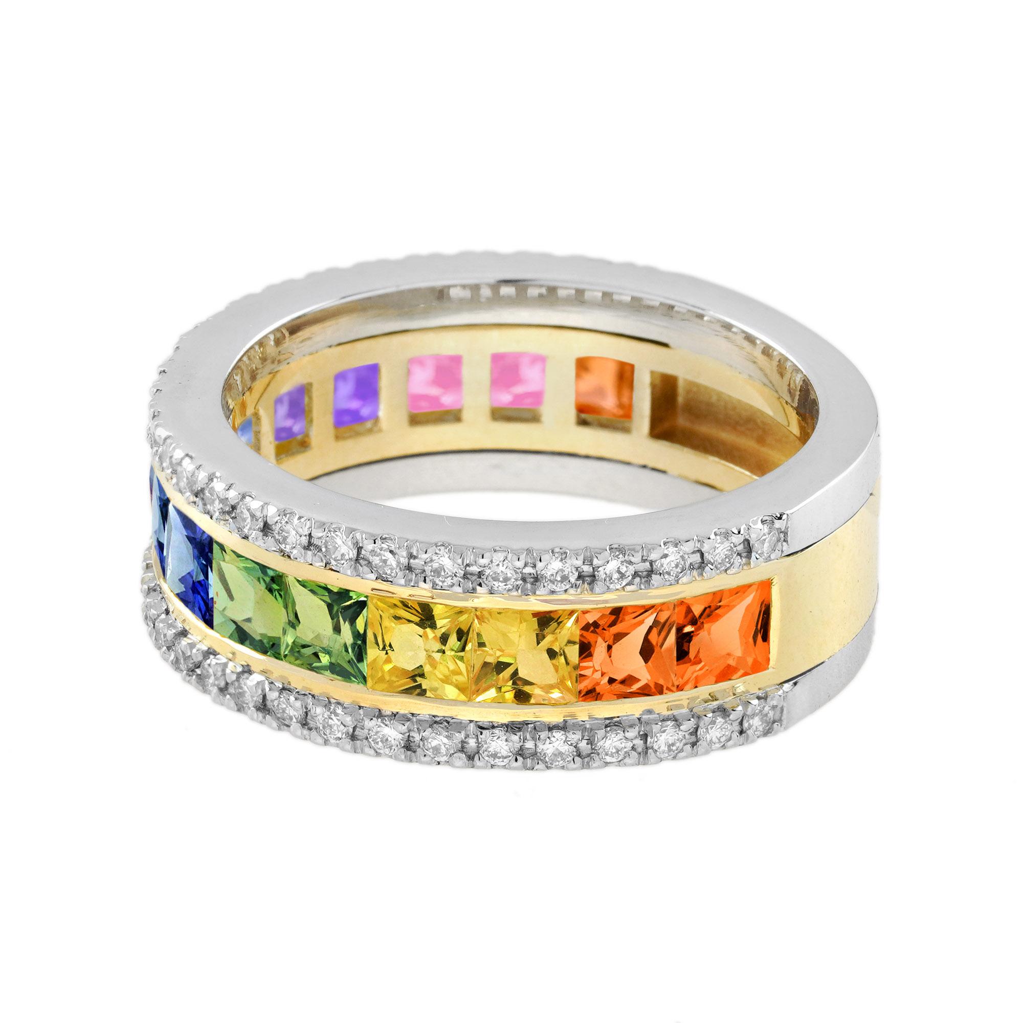 Rainbow Sapphire and Diamond Classic Half Eternity Band Ring in 18K White Gold In New Condition For Sale In Bangkok, TH
