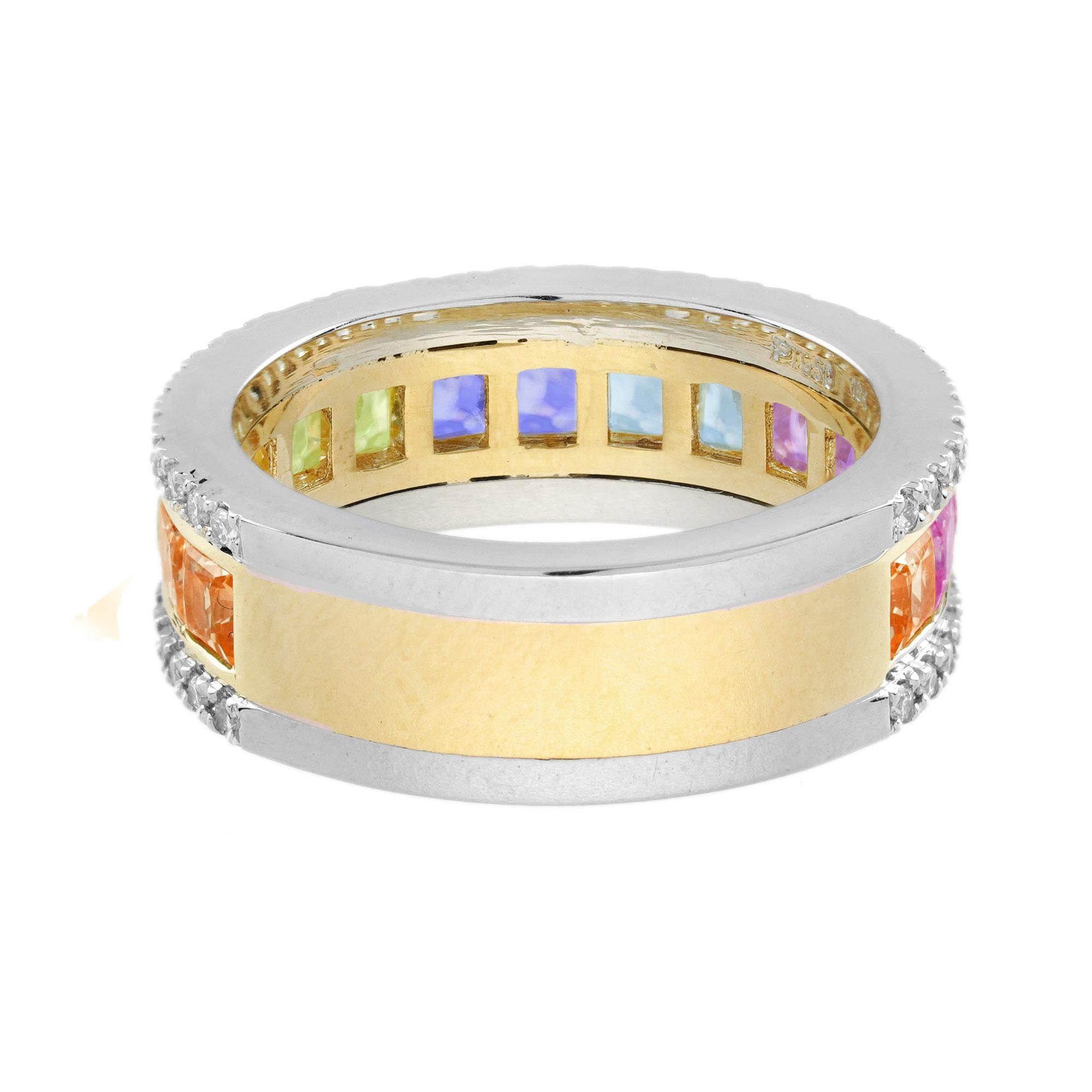 Women's Rainbow Sapphire and Diamond Classic Half Eternity Band Ring in 18K White Gold For Sale