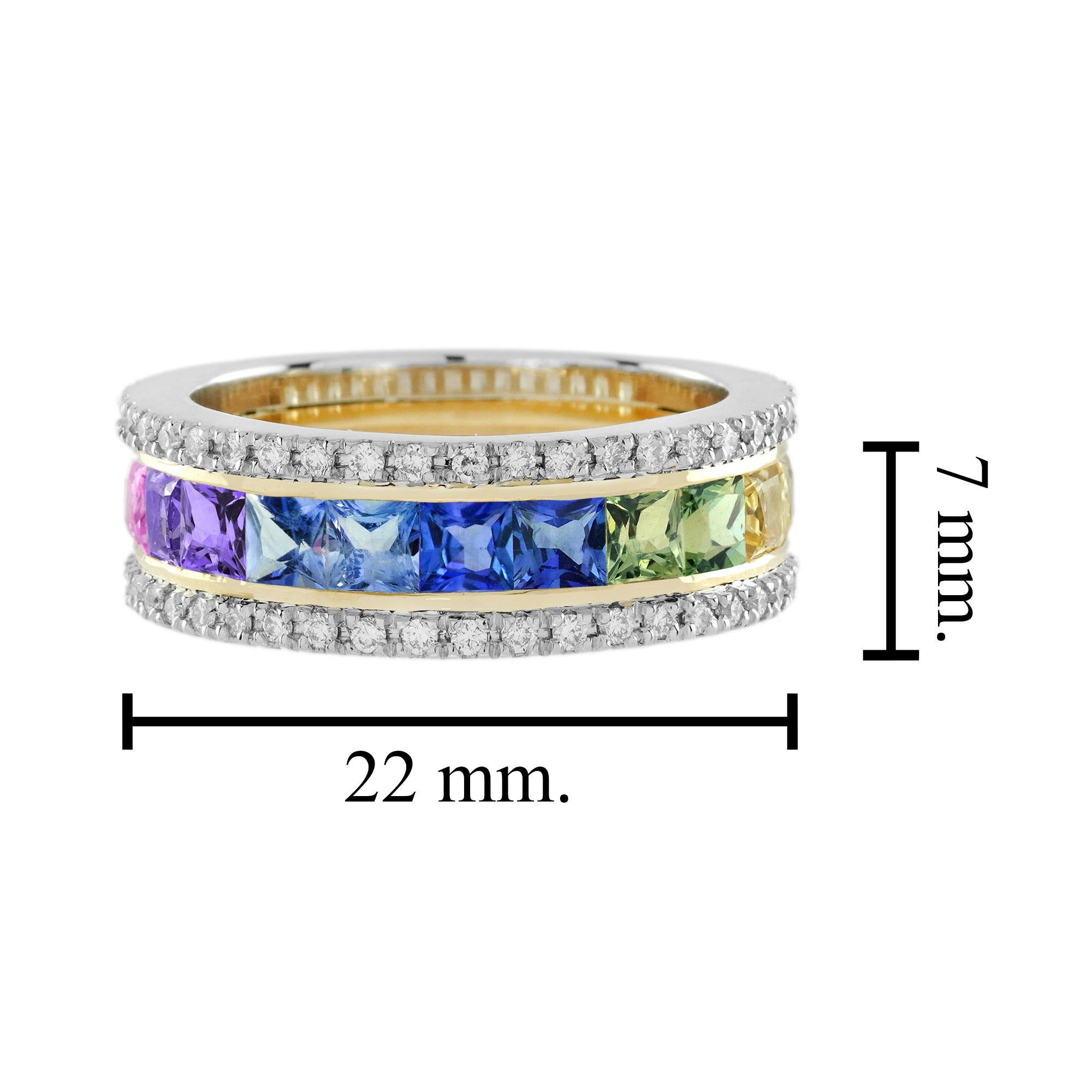 Rainbow Sapphire and Diamond Classic Half Eternity Band Ring in 18K White Gold For Sale 1