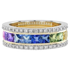 Bague demi-éternité classique en saphir arc-en-ciel et diamant en or blanc 18 carats