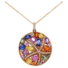 Rainbow Sapphire and Diamond Cluster Starfish Circle Pendant Necklace