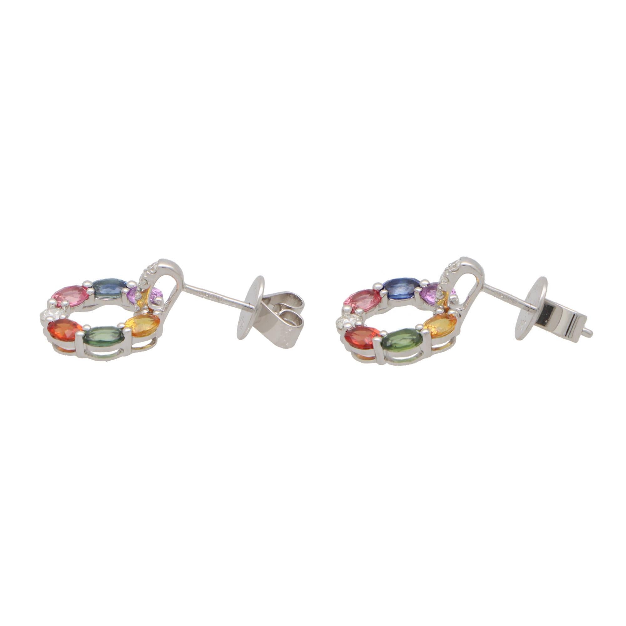 Oval Cut Rainbow Sapphire and Diamond Earrings Set in 18k White Gold For Sale