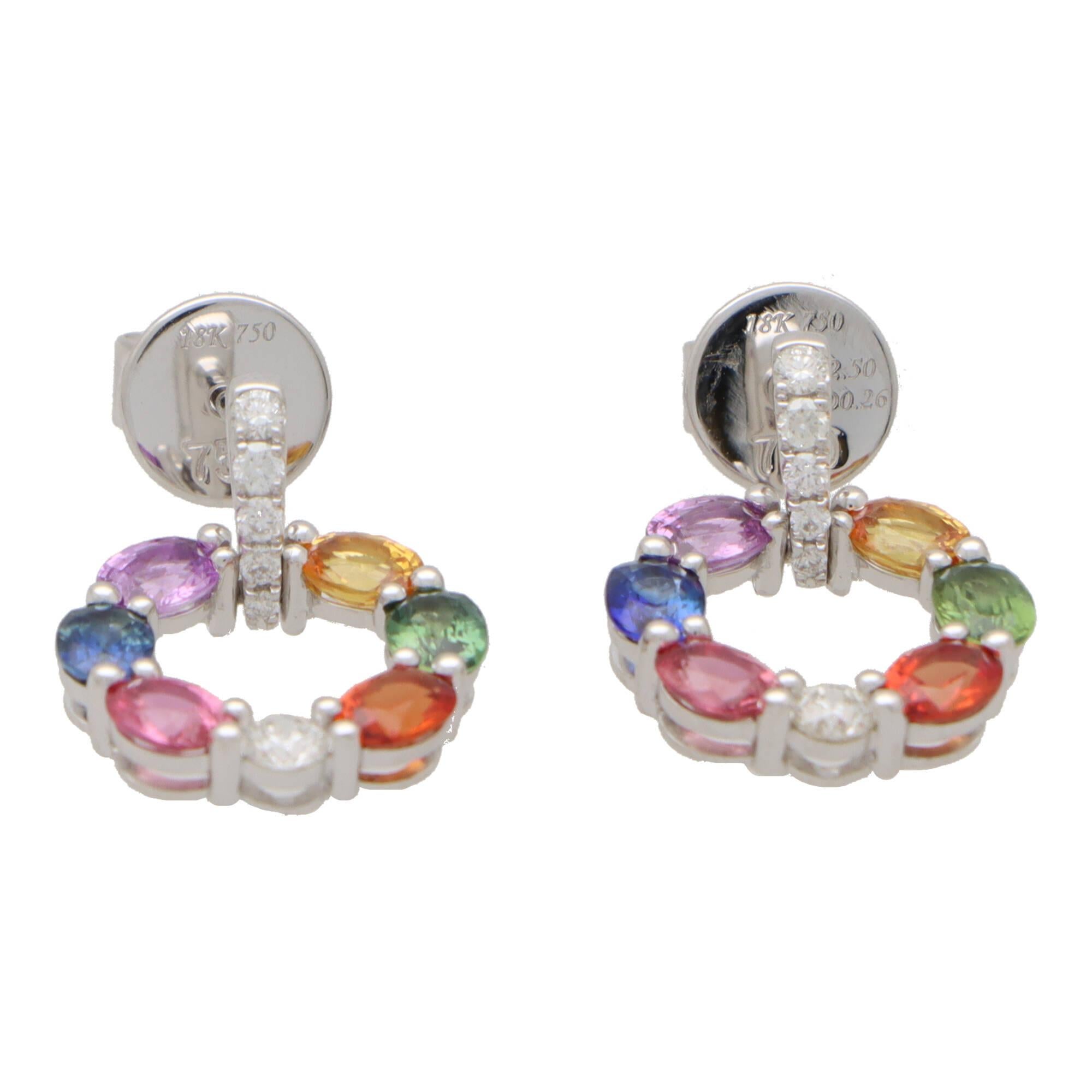 Women's or Men's Rainbow Sapphire and Diamond Earrings Set in 18k White Gold For Sale