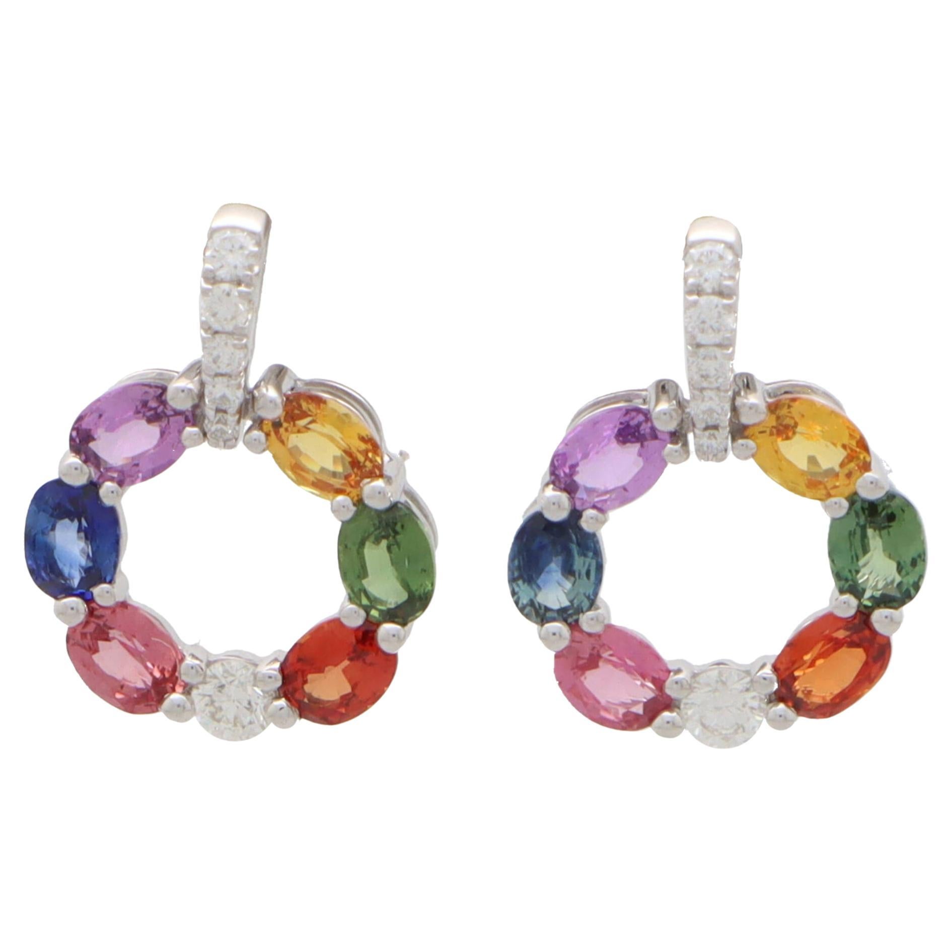 Rainbow Sapphire and Diamond Earrings Set in 18k White Gold