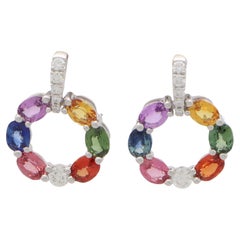 Rainbow Sapphire and Diamond Earrings Set in 18k White Gold
