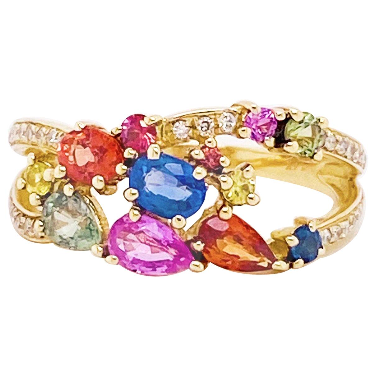 Rainbow Sapphire and Diamond Fashion Band 14 Karat Gold Ring 1.50 Carat Sapphire