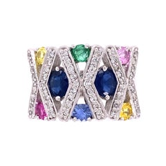 Rainbow Sapphire and Diamond Gold Gemstone Band Ring Estate Fine Jewelry