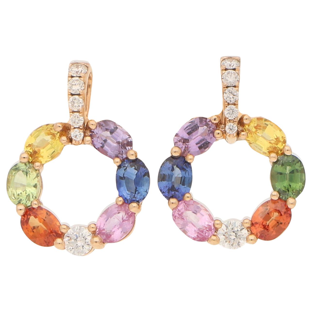 Rainbow Sapphire and Diamond Hoop Earrings in 18 Karat Rose Gold