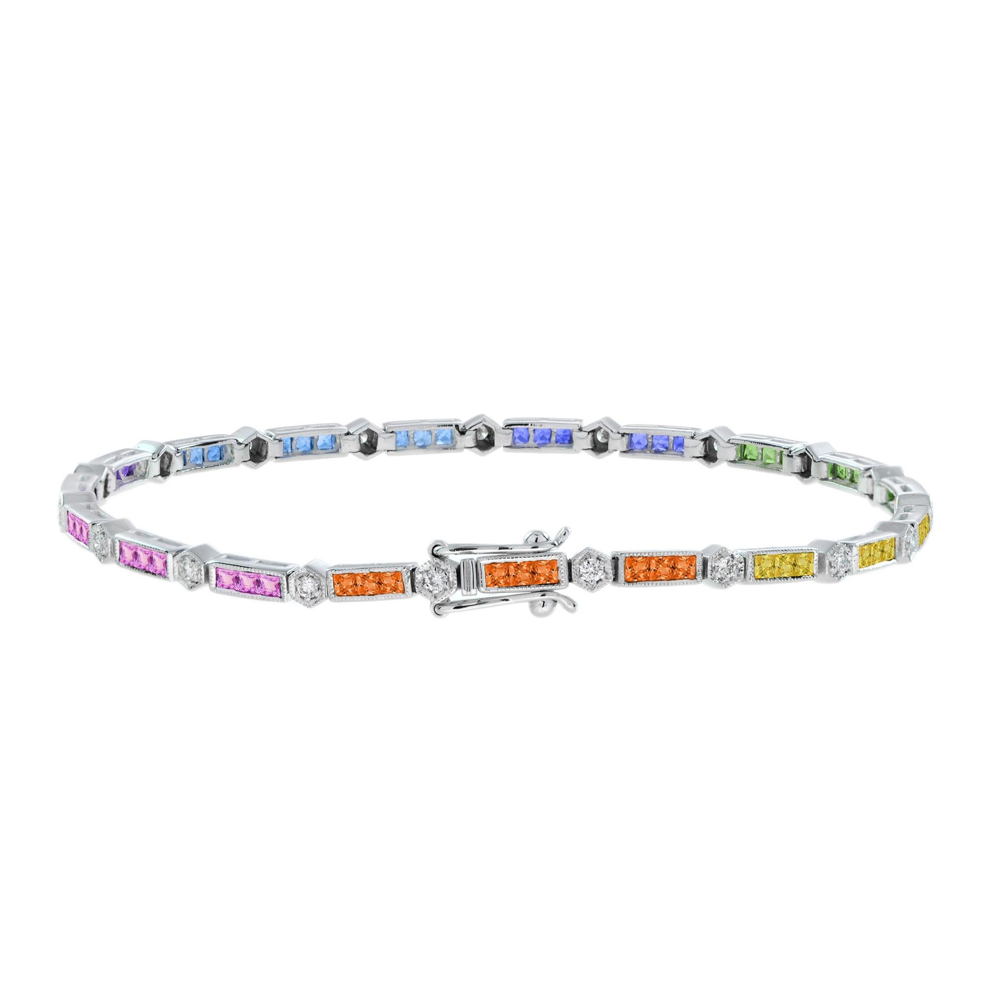 Art Deco Rainbow Sapphire and Diamond Link Bracelet in 18K White Gold For Sale