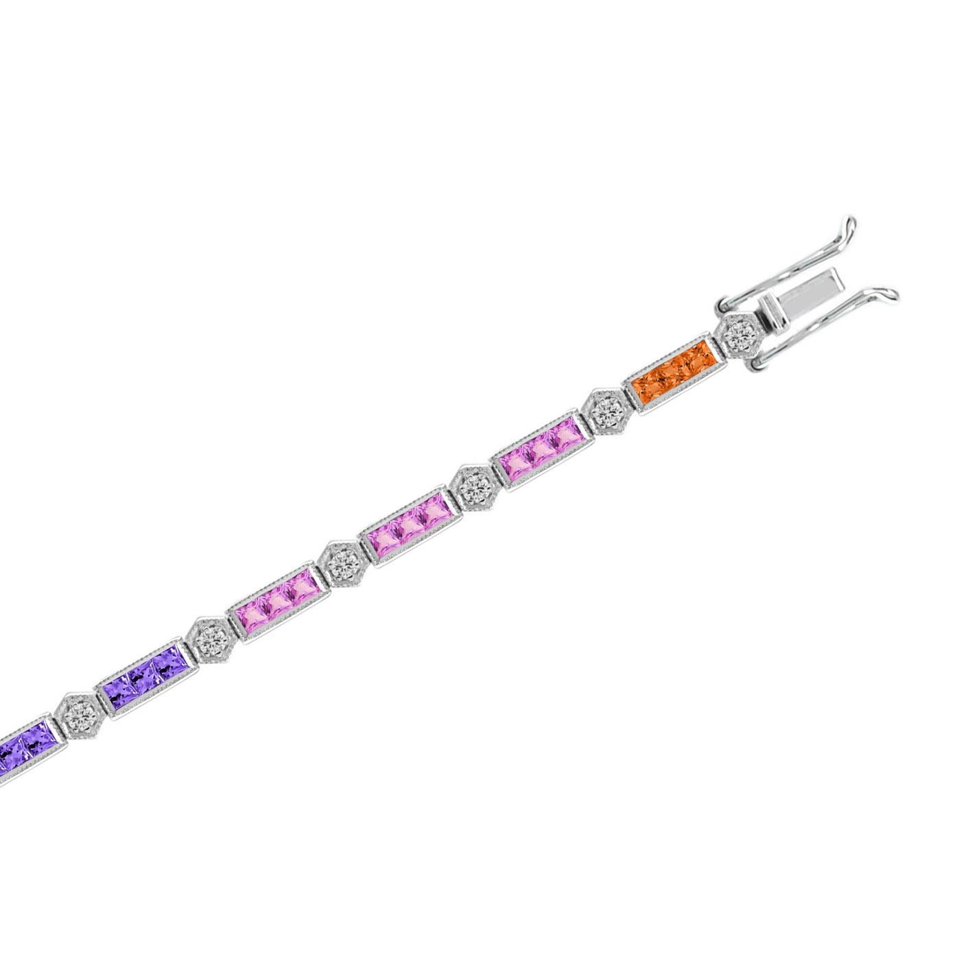 French Cut Rainbow Sapphire and Diamond Link Bracelet in 18K White Gold For Sale