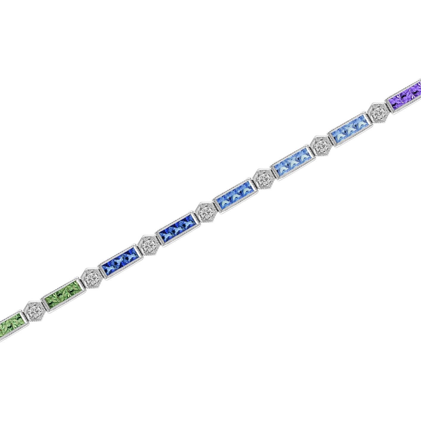 Rainbow Sapphire and Diamond Link Bracelet in 18K White Gold In New Condition For Sale In Bangkok, TH